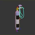 Blue And White Gas Cylinder Equipment With Yellow Valve Green Hose And Wheels