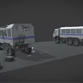 Tactical Police Armored Truck With Scattered Parts In Workshop Scene