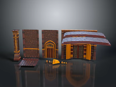 Architectural Building Components 3D Model With Columns Brick Walls Doors And Roofs 3d model