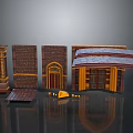 Architectural Building Components 3D Model With Columns Brick Walls Doors And Roofs