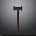 Traditional Metal Headed Axe with Dark Wooden Handle Double Bladed Design for Historical Use