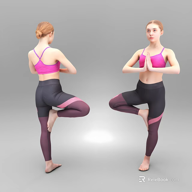 Woman Practicing Tree Yoga Pose In Pink Sports Bra And Dark Leggings 3d model 