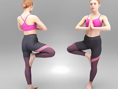 Woman Practicing Tree Yoga Pose In Pink Sports Bra And Dark Leggings 3d model