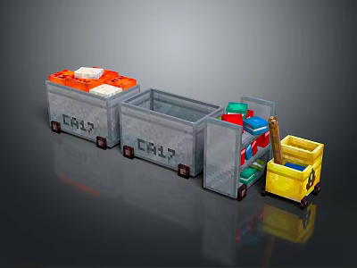 Household Craft Recycling Bins With Colored Items And Yellow Cart 3d model