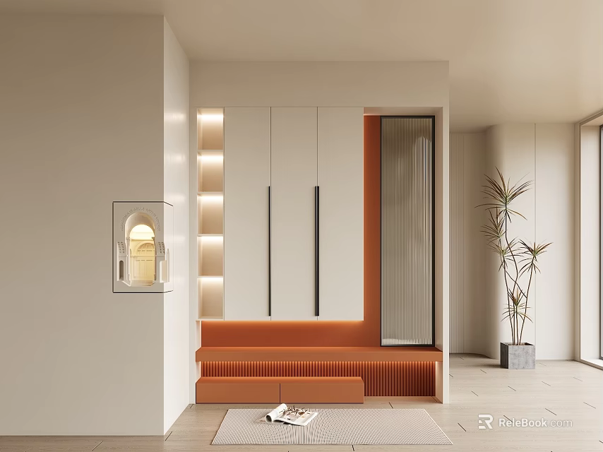 Elegant Modern Entryway Cabinet And Side Cabinet With Orange Bench Mirror Lighting And Potted Plant 3d model 