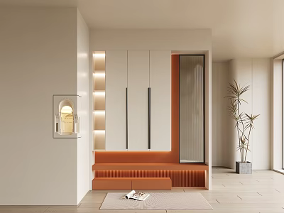 Elegant Modern Entryway Cabinet And Side Cabinet With Orange Bench Mirror Lighting And Potted Plant 3d model