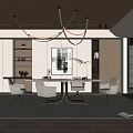 Modern Restaurant Interior With Dining Table Chairs Pendant Lights Decorative Painting And Plants