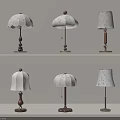 Various Designed Table Lamps Featuring White Shades And Wooden Metal Bases On Shelves