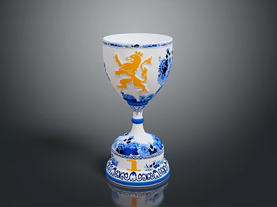 Intricate Sculpted Ceramic Goblet With Blue White Patterns And Orange Lion Design 3d model