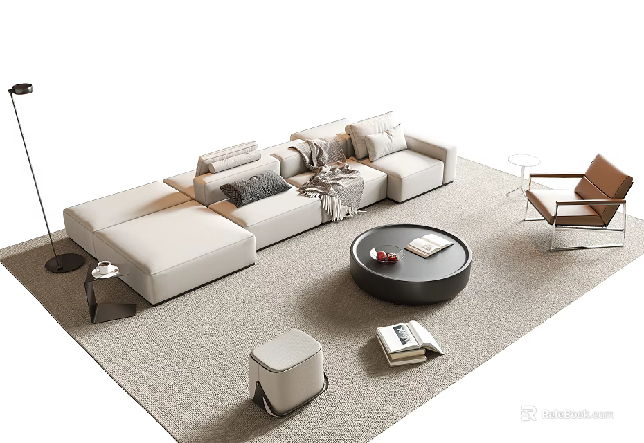 Modern Sectional Sofa And Coffee Table Set With Light Colored Rug And Ottoman 3d model 
