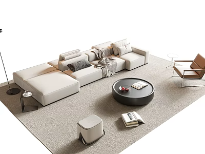 Modern Sectional Sofa And Coffee Table Set With Light Colored Rug And Ottoman 3d model
