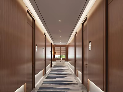 Modern Office Corridor Featuring Wooden Walls Patterned Carpet Recessed Lighting And Doors On Both Sides 3d model