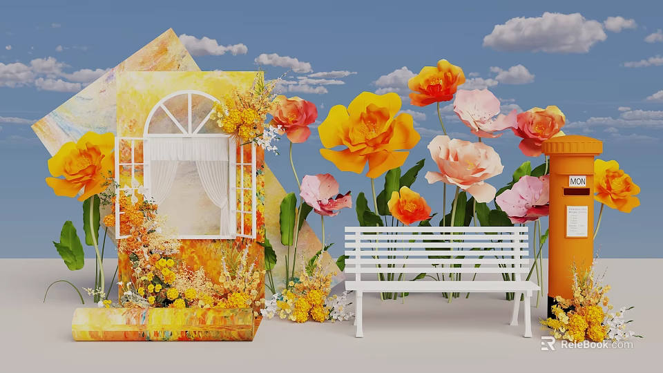 Vibrant Photo Spot With Large Yellow Pink Flowers White Bench And Cloudy Blue Sky 3d model 