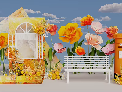 Vibrant Photo Spot With Large Yellow Pink Flowers White Bench And Cloudy Blue Sky 3d model