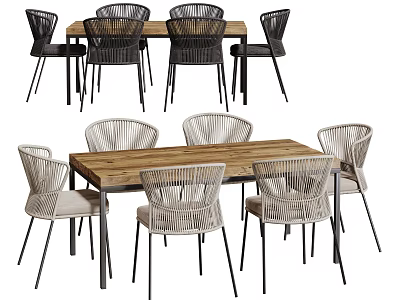 Outdoor Wooden Table With Rattan Chairs And Light Colored Seating For Dining 3d model