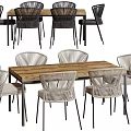Outdoor Wooden Table With Rattan Chairs And Light Colored Seating For Dining