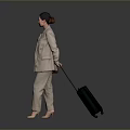 Woman In Beige Suit With White Top Carrying Brown Bag And Black Luggage