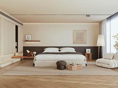 Minimalist Bedroom Interior With Large Bed Wooden Floor Decorative Painting Floor Lamp And Soft Rug 3d model