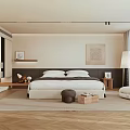 Minimalist Bedroom Interior With Large Bed Wooden Floor Decorative Painting Floor Lamp And Soft Rug