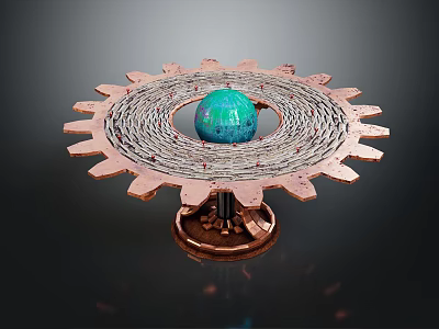 Ornate Metallic Gear Structure With Central Blue Sphere And Intricate Details 3d model