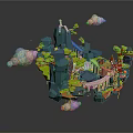 Floating Fantasy Island With Mountains Green Vegetation Bridge Buildings And Clouds
