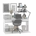 Home Office White Desk And Grey Chair Featuring Printer Laptop Lamp Wall Shelves With Frames