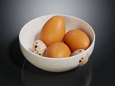 Fresh Brown And Speckled Eggs In White Bowl On Dark Surface 3d model
