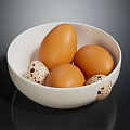 Fresh Brown And Speckled Eggs In White Bowl On Dark Surface 3d model