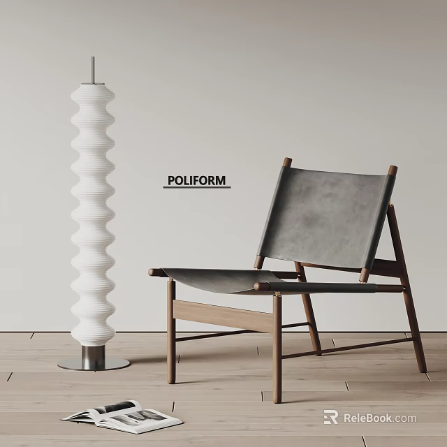 POLIFORM Modern Leisure Chair With Gray Leather And Wooden Frame And White Floor Lamp 3d model 
