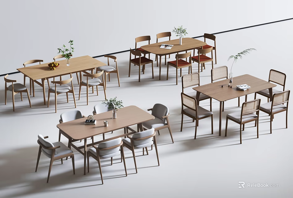 Modern Wooden Dining Table Sets With Chairs And Decorative Plants 3d model