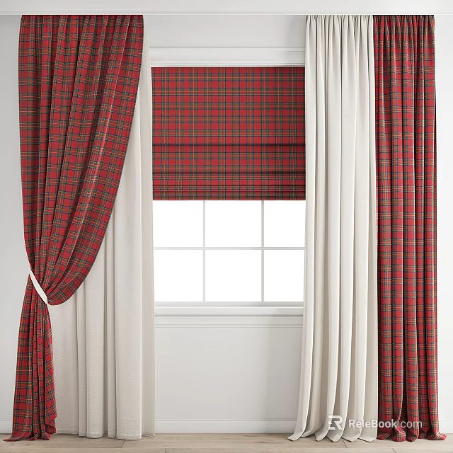 Red Plaid Curtains With White Panels And Matching Roller Blind On Window 3d model