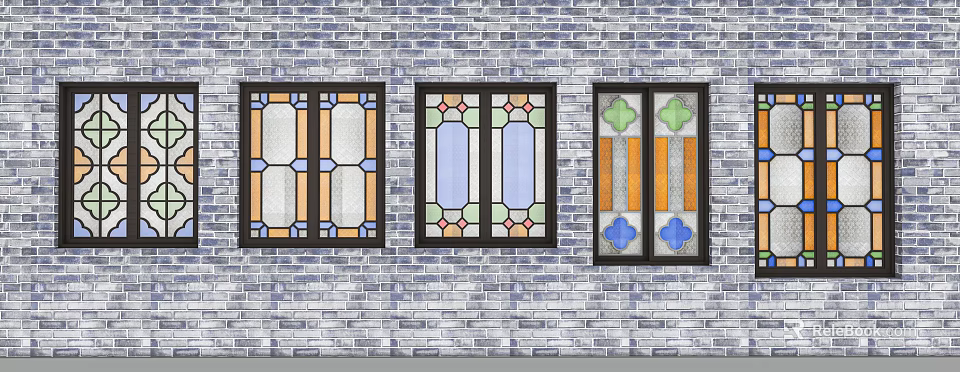 Lattice Windows With Colorful Stained Glass Decorative Design On Brick Wall 3d model 