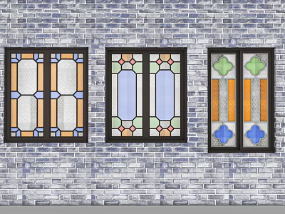 Lattice Windows With Colorful Stained Glass Decorative Design On Brick Wall 3d model