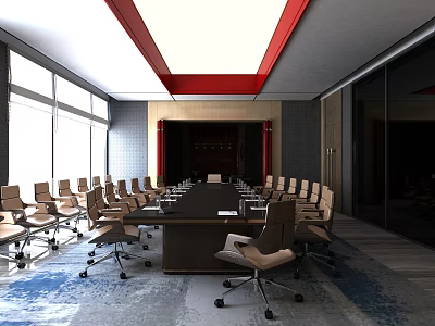 Modern Meeting Room Interior With Long Table Wheeled Chairs Red Ceiling And Large Windows 3d model