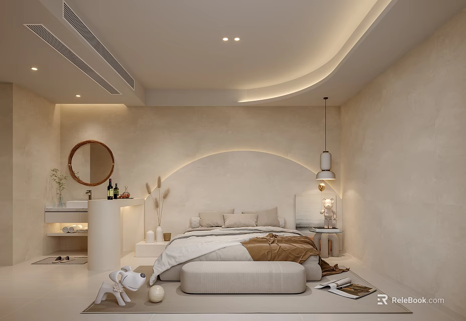 Modern Hotel Room Interior With Cozy Bed Round Mirror And Neutral Tones 3d model 