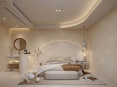 Modern Hotel Room Interior With Cozy Bed Round Mirror And Neutral Tones 3d model