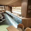 Modern Bar Interior With Wooden Counter Cozy Seating And Dining Tables