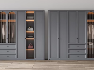 Modern Gray Wardrobe Design With Glass Doors Drawers And Interior Lighting 3d model
