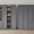 Modern Gray Wardrobe Design With Glass Doors Drawers And Interior Lighting
