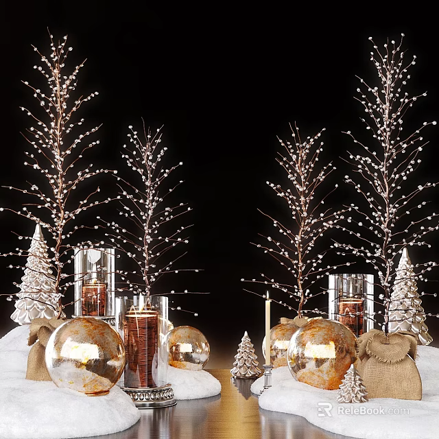 Decorative Ornament Set With Lighted Branches Mini Christmas Trees Glass Candle Holders And Golden Spheres 3d model 