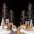 Decorative Ornament Set With Lighted Branches Mini Christmas Trees Glass Candle Holders And Golden Spheres