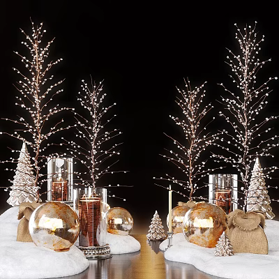 Decorative Ornament Set With Lighted Branches Mini Christmas Trees Glass Candle Holders And Golden Spheres 3d model