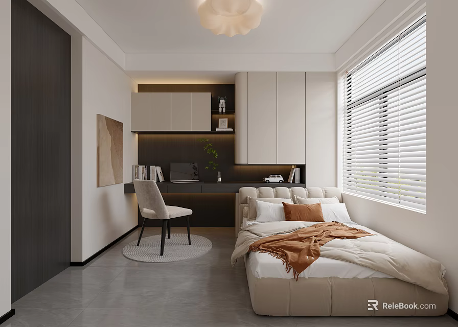 Modern Minimalist Bedroom Interior Design With Bed Desk Window Blinds And Cabinets 3d model 