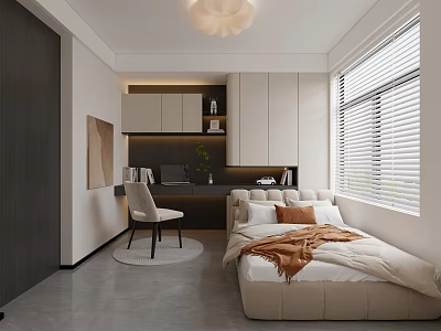 Modern Minimalist Bedroom Interior Design With Bed Desk Window Blinds And Cabinets 3d model