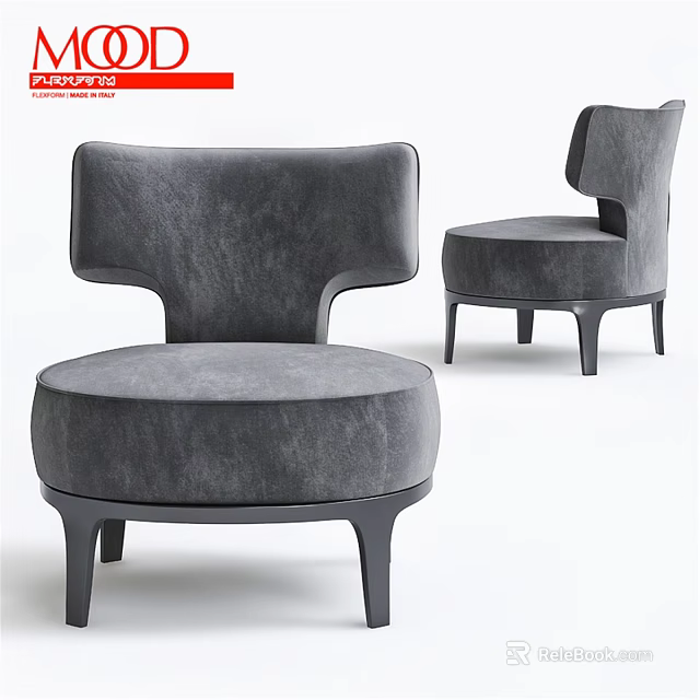 Modern Gray Accent Chair with Curved Backrest Round Seat and Black Legs 3d model 