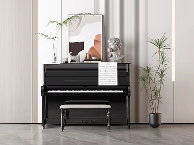 Modern Interior Featuring Black Piano Sheet Music Art Paintings And Green Plants 3d model