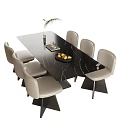 Modern Black Marble Dining Table and Six Light Gray Chairs Set with Decorative Plant Fruits