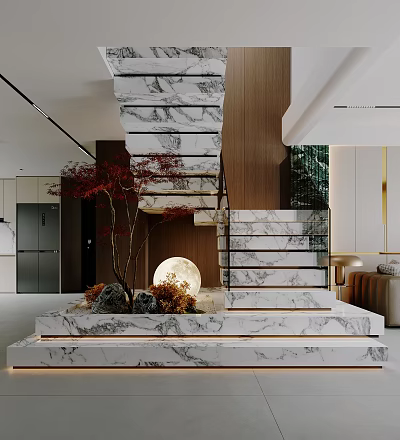 Modern Marble Staircase In Contemporary Interior With Wooden Accents And Decorative Plants 3d model