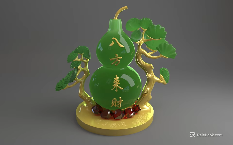 Green Jade Gourd Sculpture With Golden Branches Green Leaves And Red Gemstones Base 3d model 