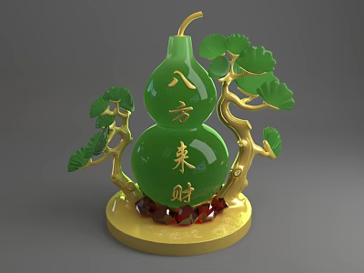 Green Jade Gourd Sculpture With Golden Branches Green Leaves And Red Gemstones Base 3d model